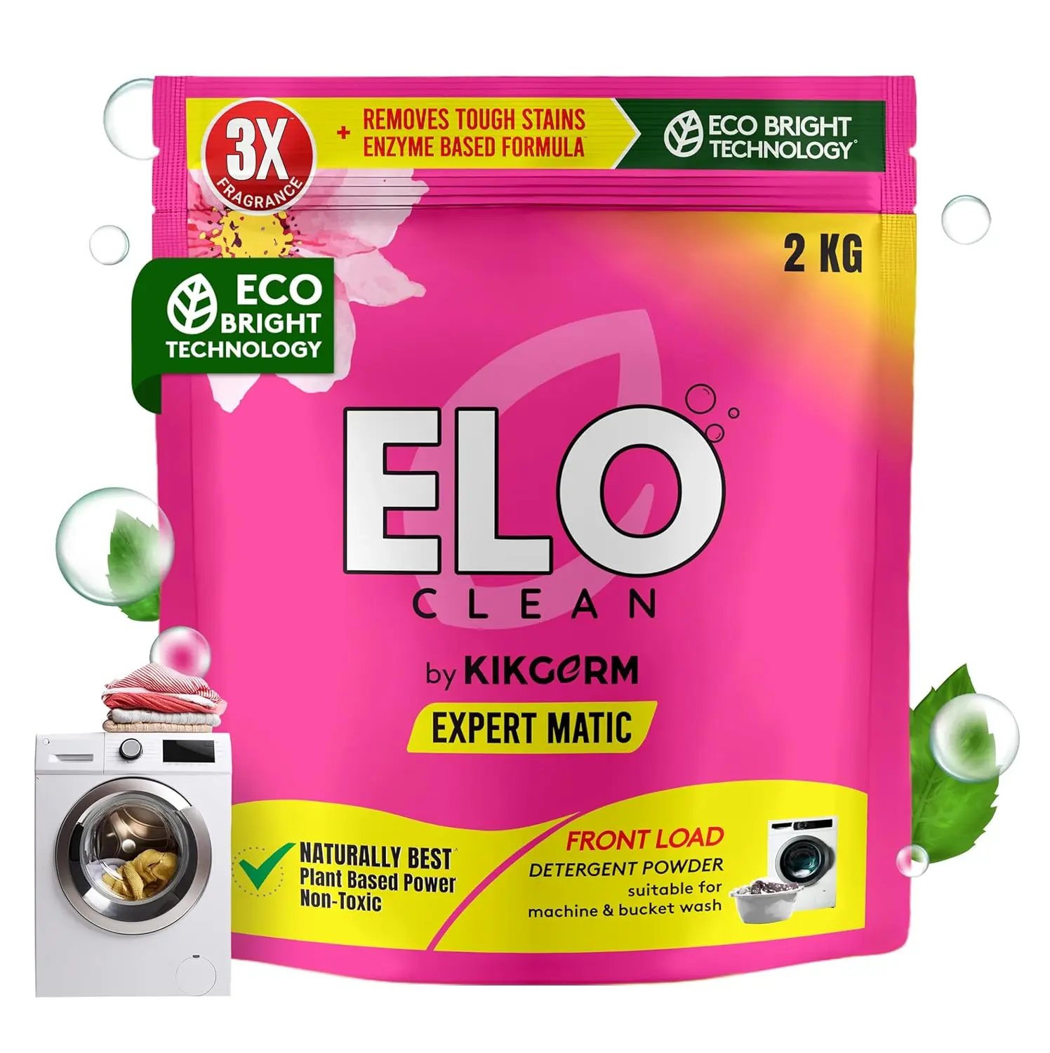 ELO Clean plant-based detergent powder effectively removes tough stains while being gentle on clothes and the environment.