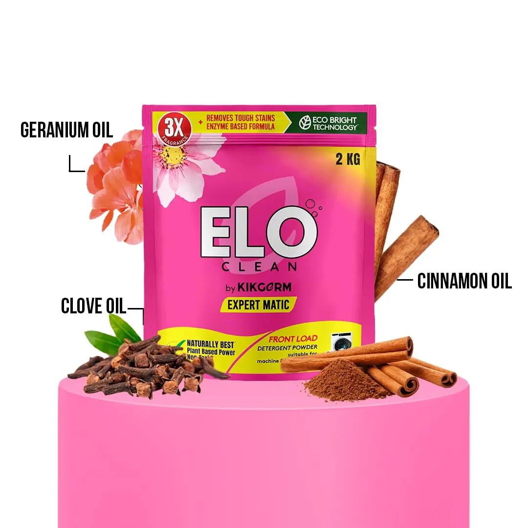 ELO Clean plant-based detergent powder effectively removes tough stains while being gentle on clothes and the environment.