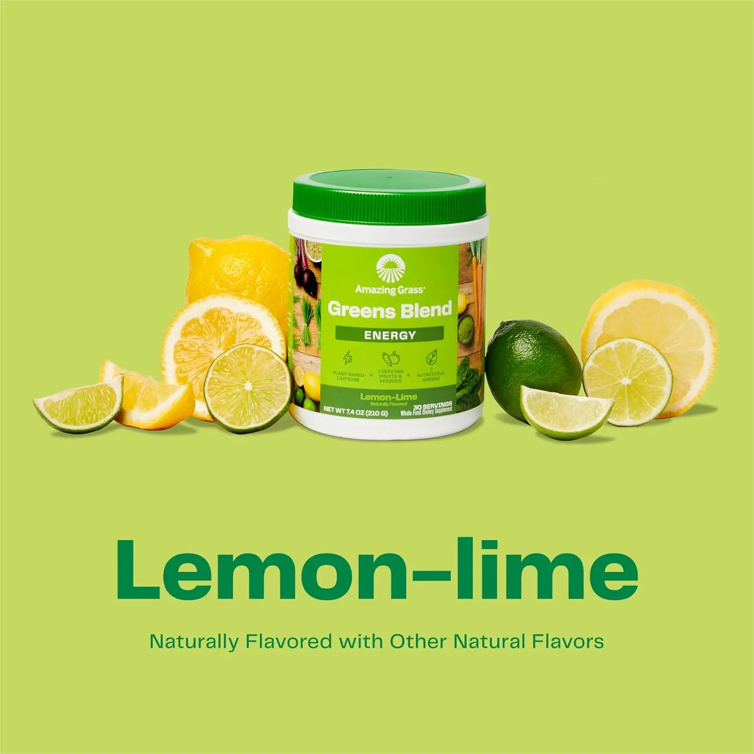 Amazing Grass Energy Lemon Lime Green Superfood powder is a green superfood supplement with Yerba Mate and Matcha for clarity and well-being, perfect for shakes, smoothies, water, or juices.