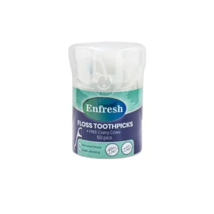 A pack of Enfresh dental floss toothpicks containing 50 individual flossers for cleaning teeth.