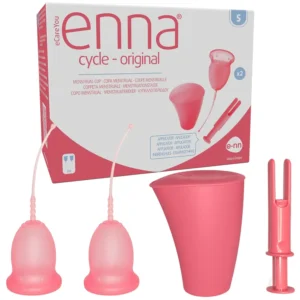 This is a pack of two lightweight, extra soft, customized ENNA Cycle menstrual cups in size S with applicator.