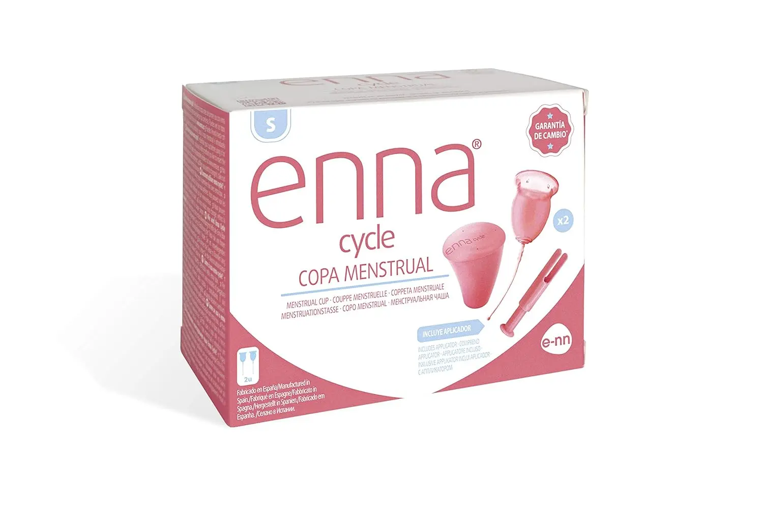 This is a pack of two lightweight, extra soft, customized ENNA Cycle menstrual cups in size S with applicator.