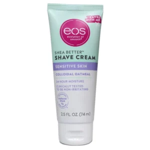 EOS shea butter shave cream with colloidal oatmeal is a clinically tested, hypoallergenic, fragrance-free lotion that soothes sensitive skin, perfect for shaving or in-shower use on the entire bikini area.
