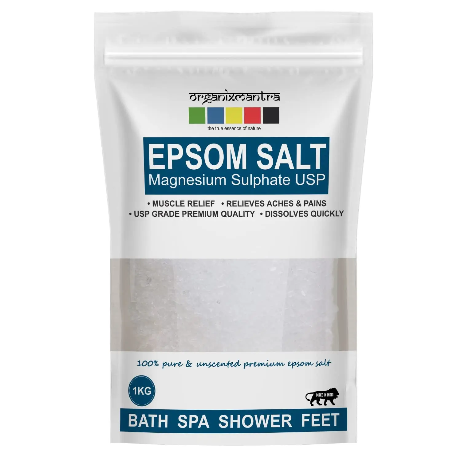 A one kilogram bag of Organix Mantra Epsom Bath Salt provides natural relief for sore muscles and aches.
