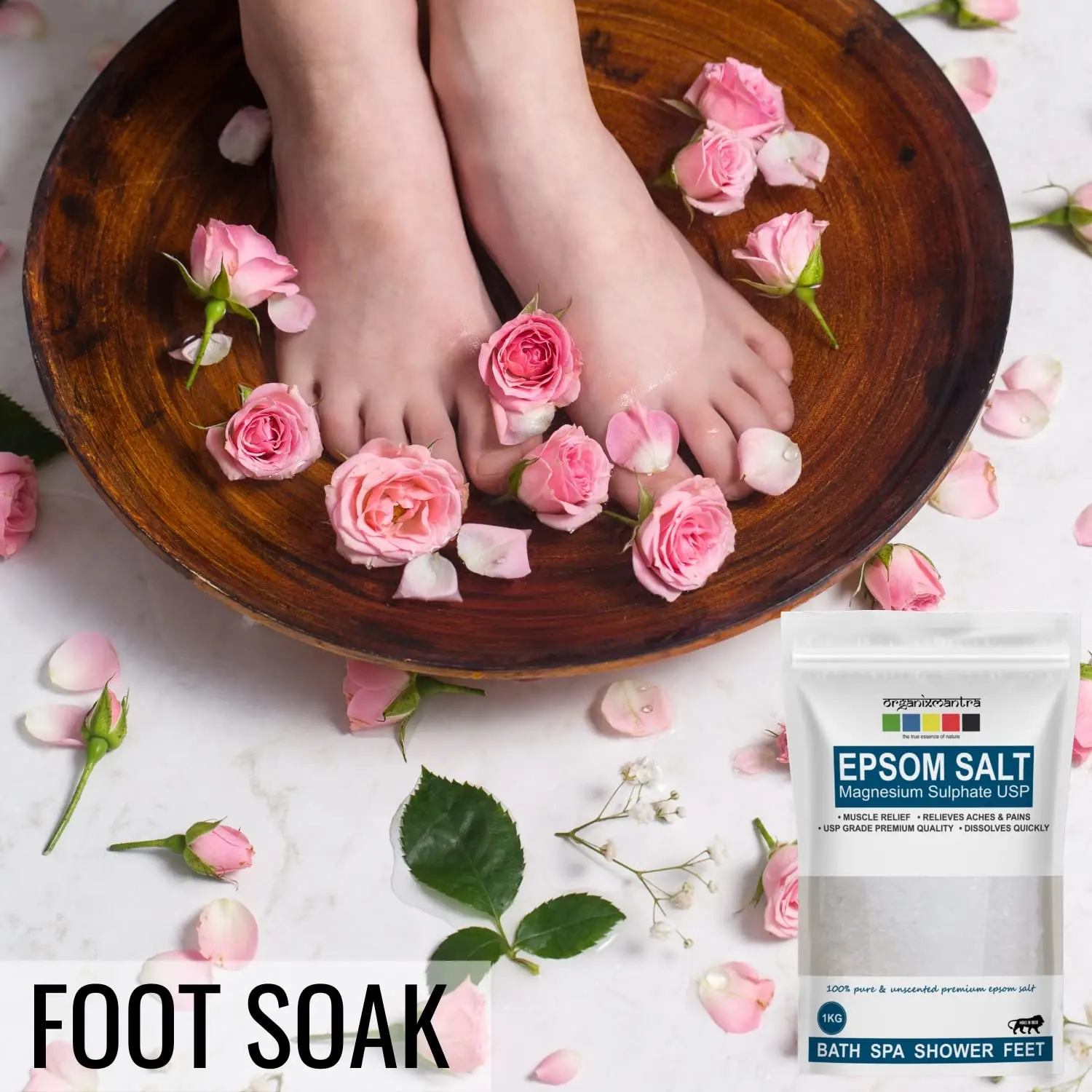 A one kilogram bag of Organix Mantra Epsom Bath Salt provides natural relief for sore muscles and aches.