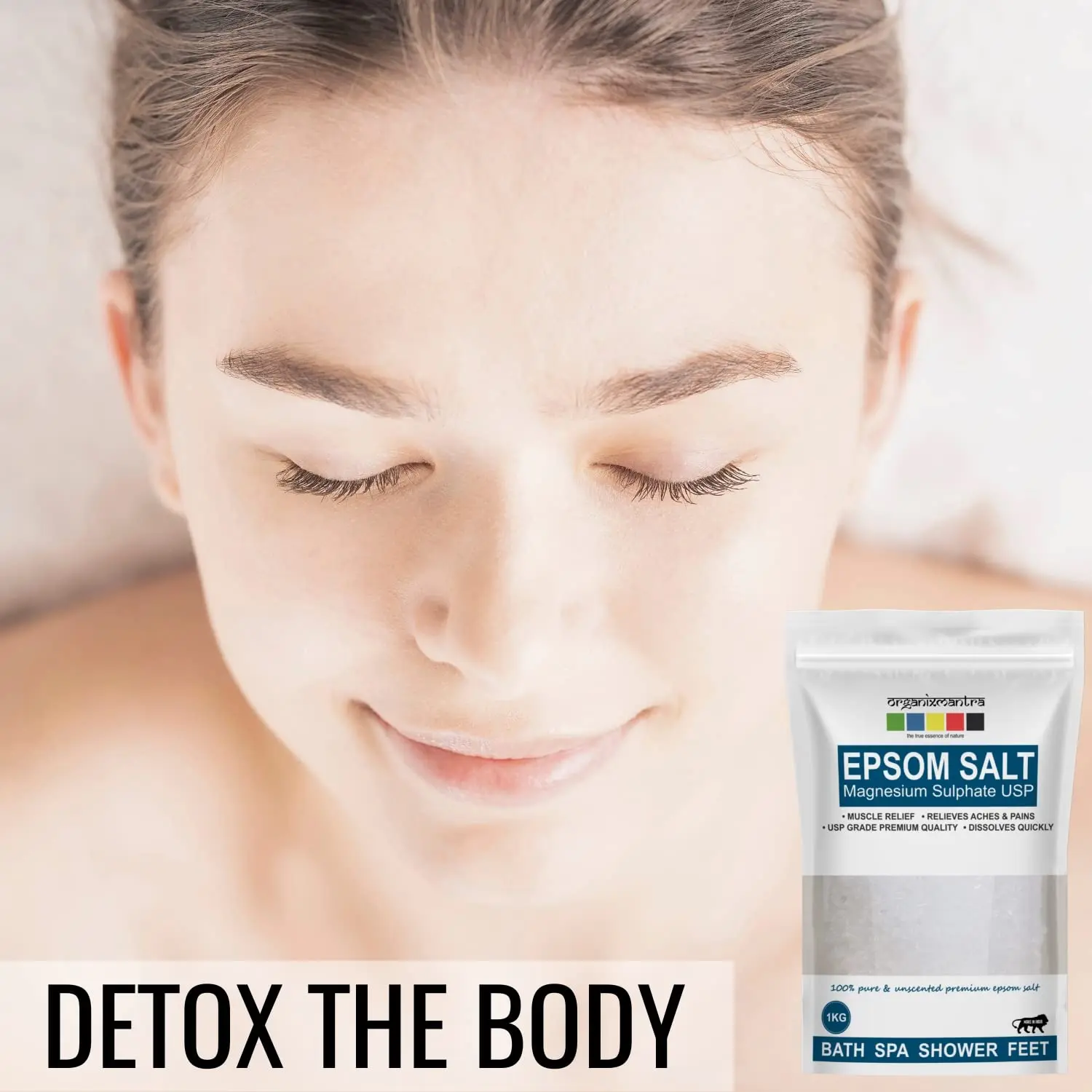 A one kilogram bag of Organix Mantra Epsom Bath Salt provides natural relief for sore muscles and aches.