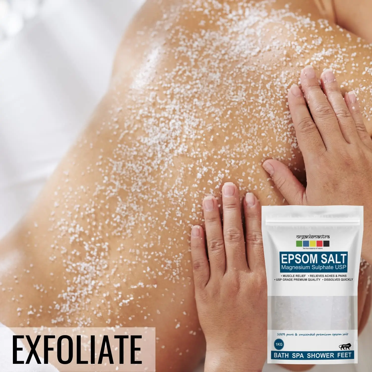 A one kilogram bag of Organix Mantra Epsom Bath Salt provides natural relief for sore muscles and aches.