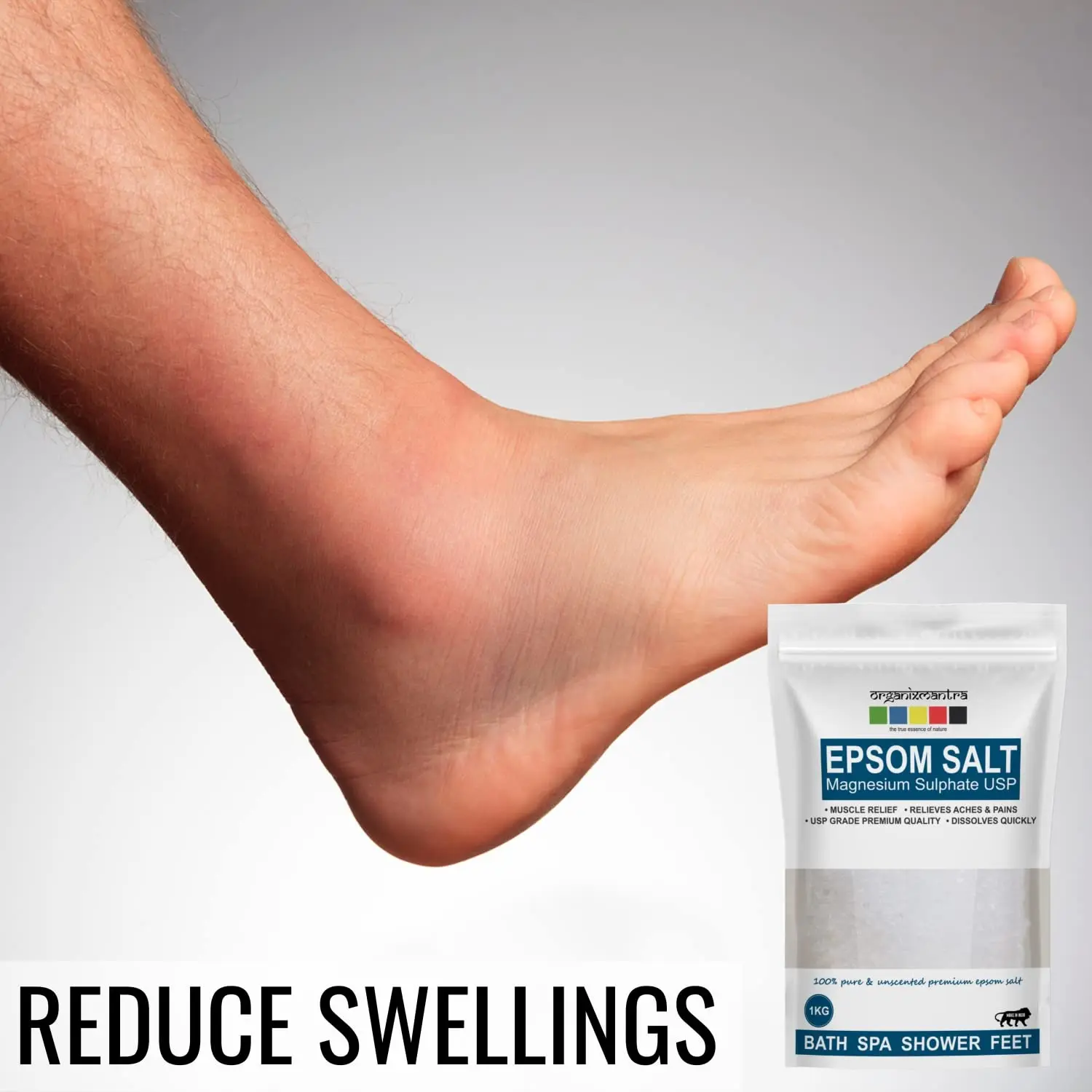 A one kilogram bag of Organix Mantra Epsom Bath Salt provides natural relief for sore muscles and aches.