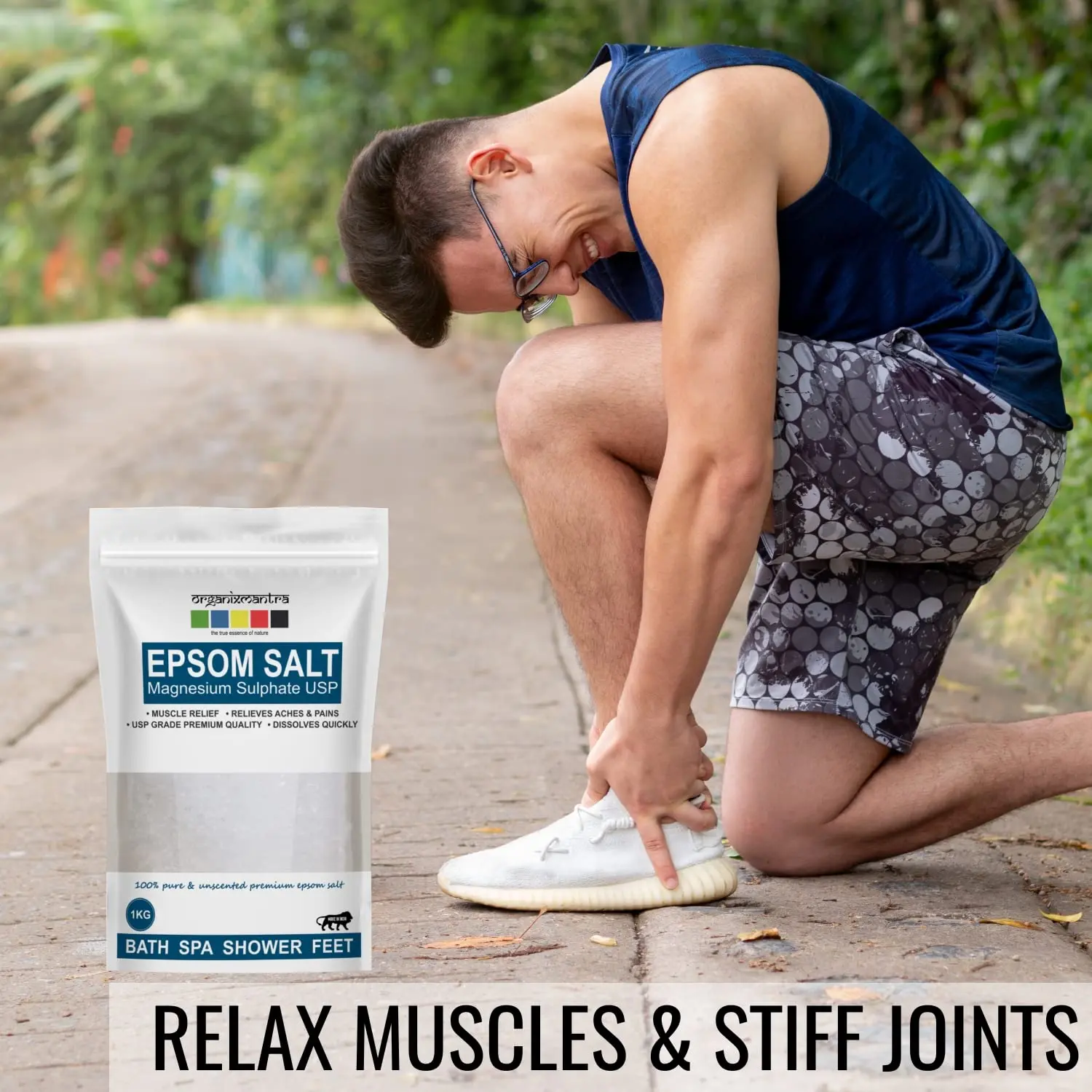 A one kilogram bag of Organix Mantra Epsom Bath Salt provides natural relief for sore muscles and aches.