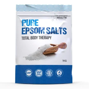 A kilogram bag of Intelligent Health Epsom Salts, a pure magnesium sulphate bath soak designed to help relieve muscle tension and promote relaxation for total body therapy.