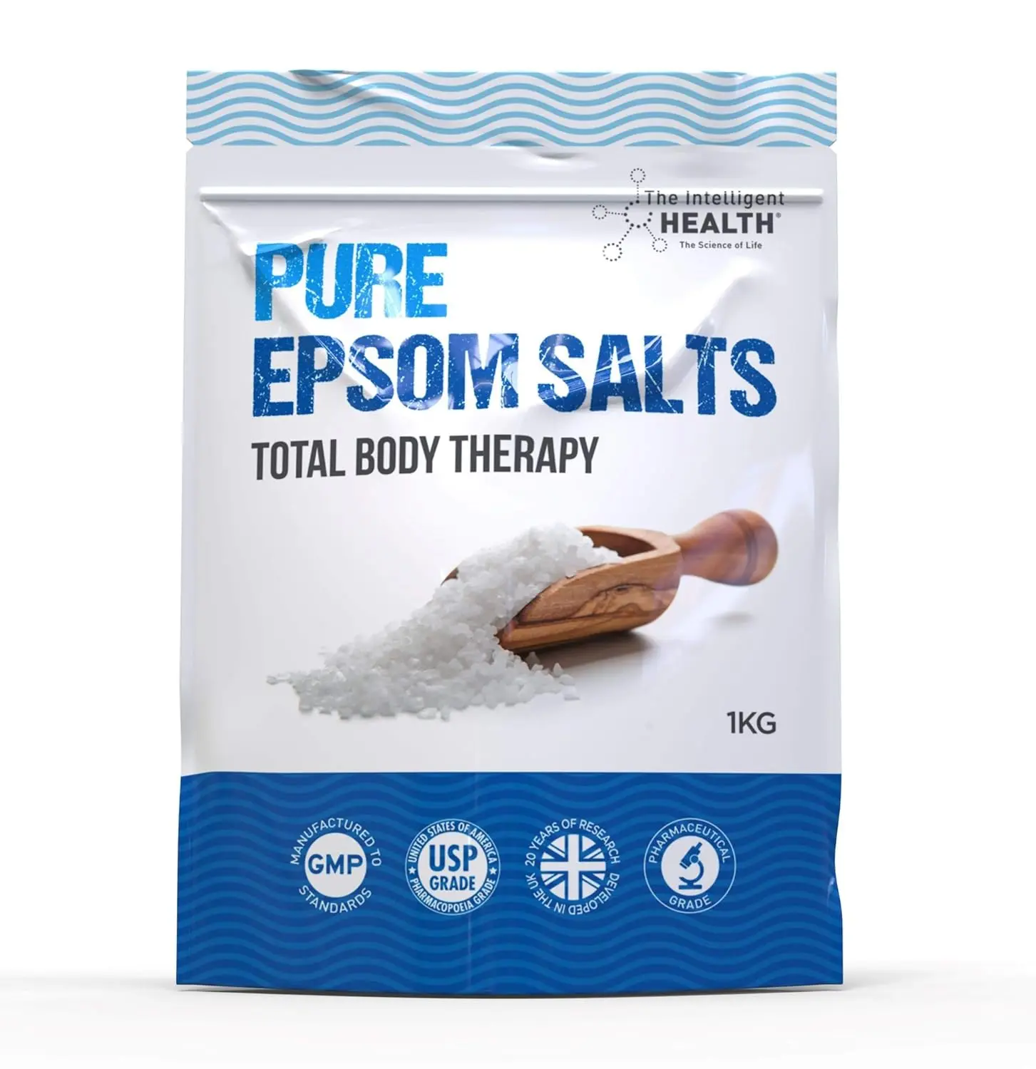 A kilogram bag of Intelligent Health Epsom Salts, a pure magnesium sulphate bath soak designed to help relieve muscle tension and promote relaxation for total body therapy.