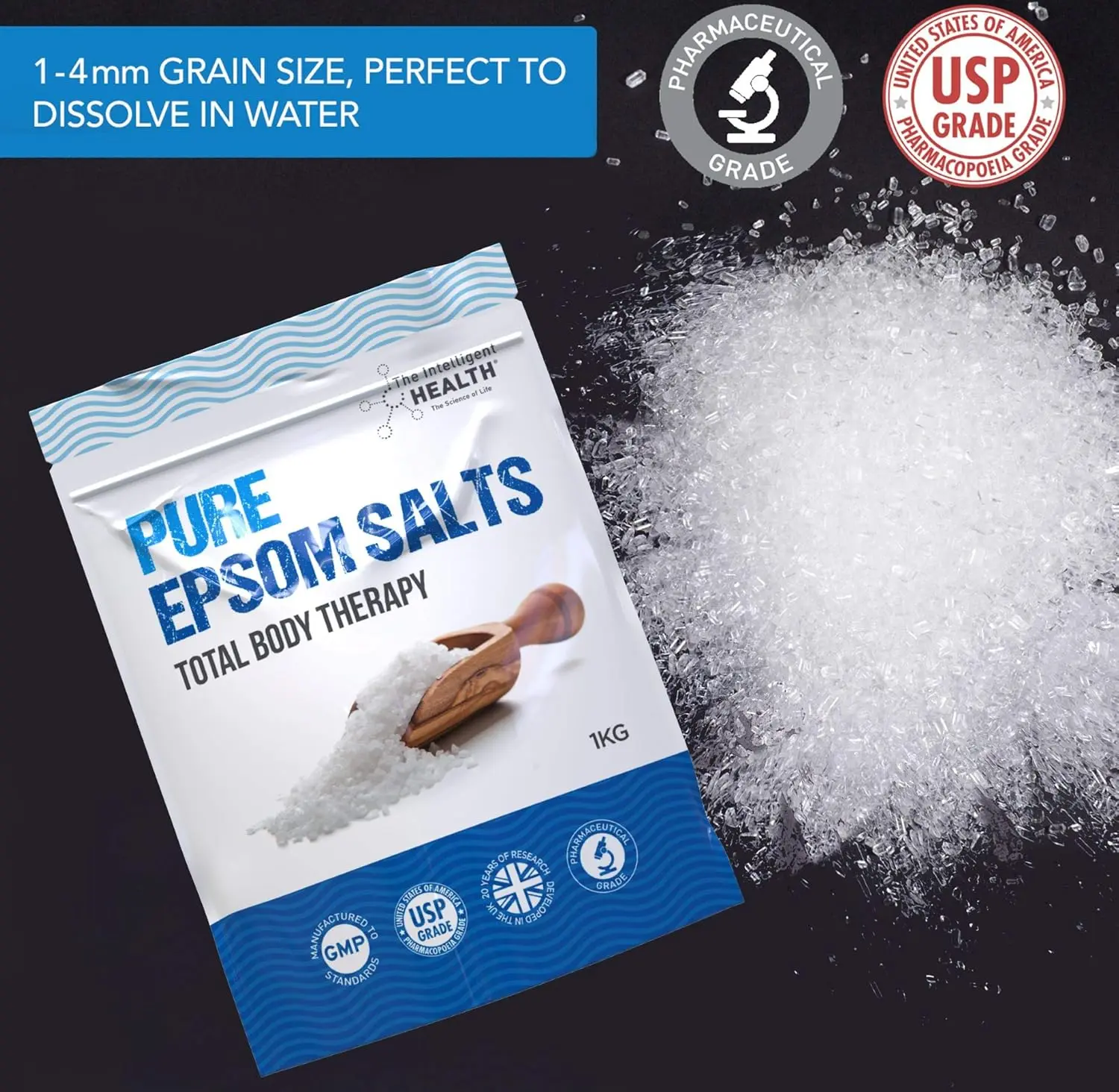A kilogram bag of Intelligent Health Epsom Salts, a pure magnesium sulphate bath soak designed to help relieve muscle tension and promote relaxation for total body therapy.