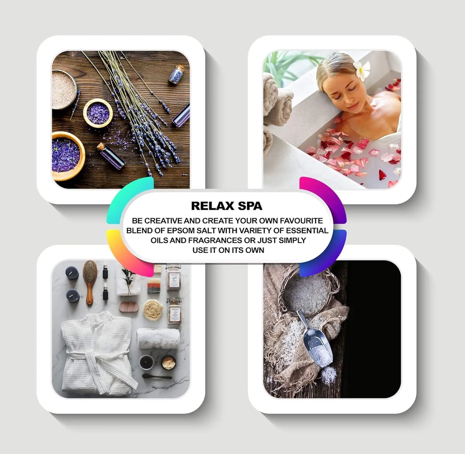 A kilogram bag of Intelligent Health Epsom Salts, a pure magnesium sulphate bath soak designed to help relieve muscle tension and promote relaxation for total body therapy.