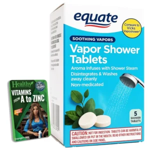 Equate vapor shower tablets, a pack of five, shown with a Vital Volumes tips card to enhance your shower experience.