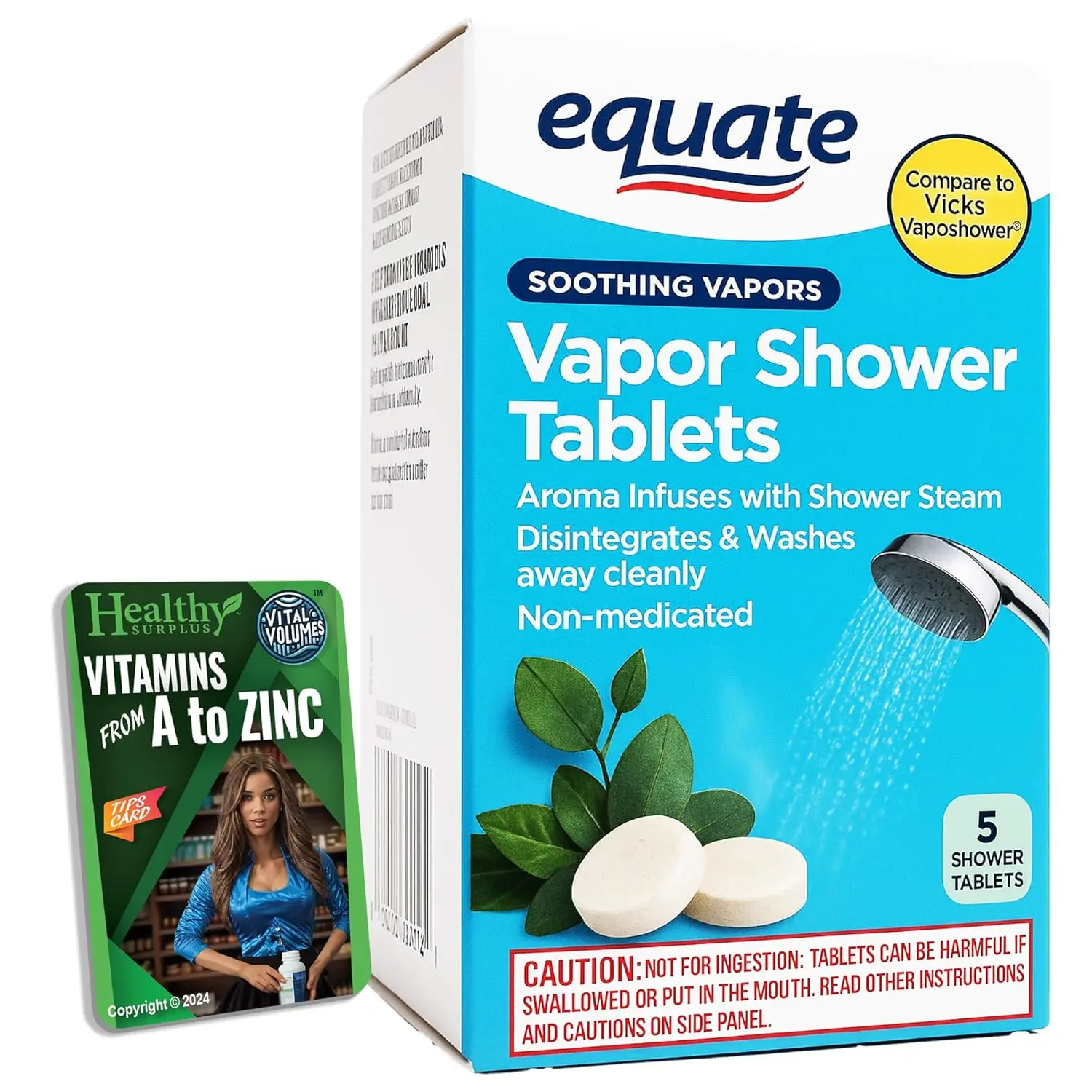Equate vapor shower tablets, a pack of five, shown with a Vital Volumes tips card to enhance your shower experience.