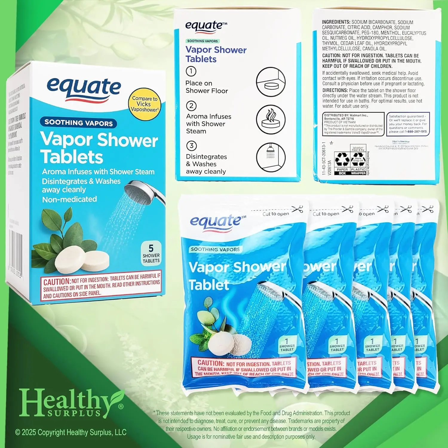 Equate vapor shower tablets, a pack of five, shown with a Vital Volumes tips card to enhance your shower experience.