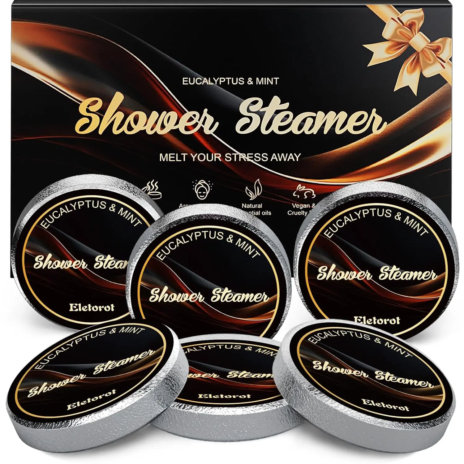 Six eucalyptus and mint shower steamers provide aromatherapy for stress relief and relaxation, perfect for men's self-care gifts.