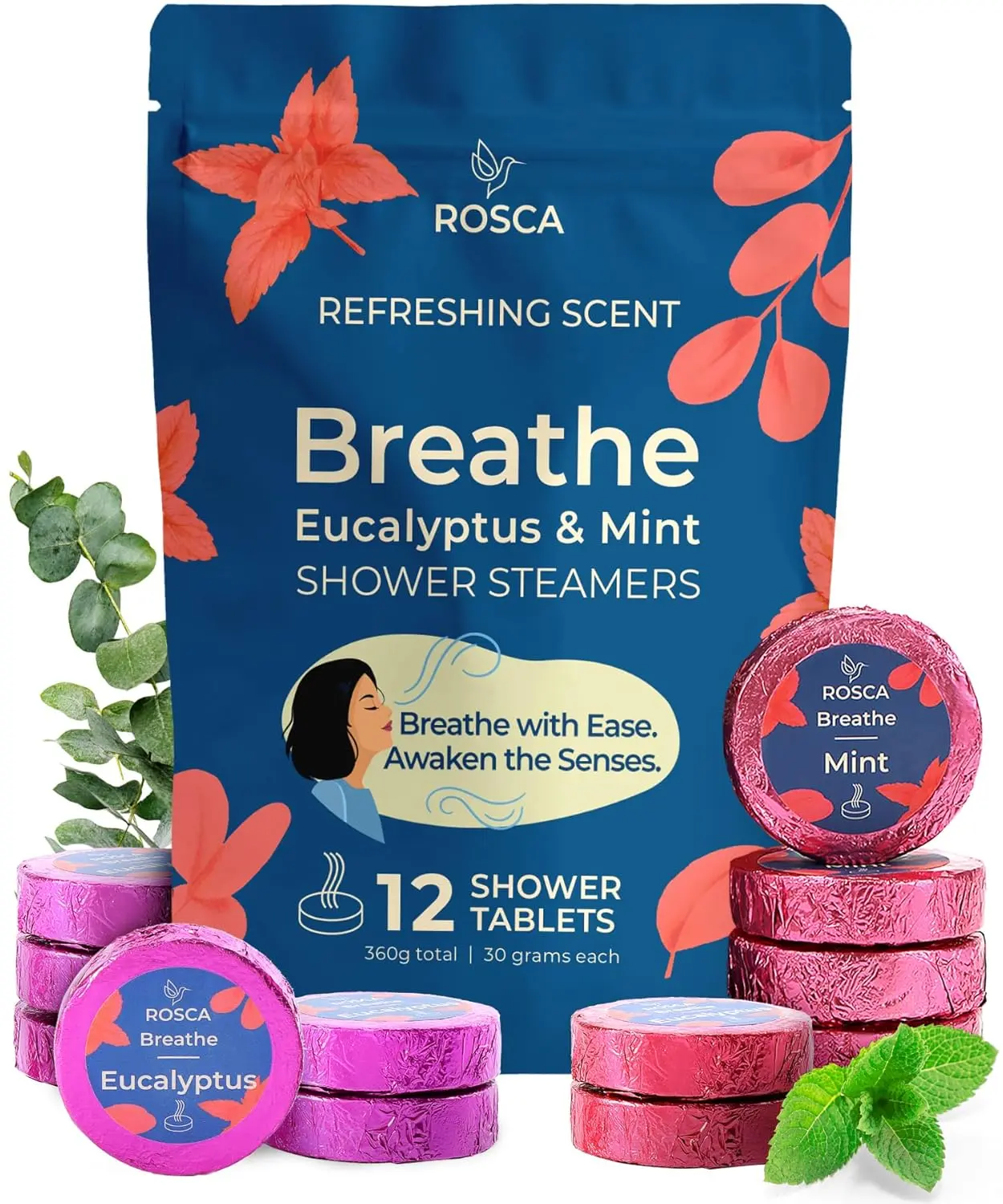 Rosca RO eucalyptus and mint shower steamers release aromatherapy fragrances, providing stress relief and relaxation in your shower.