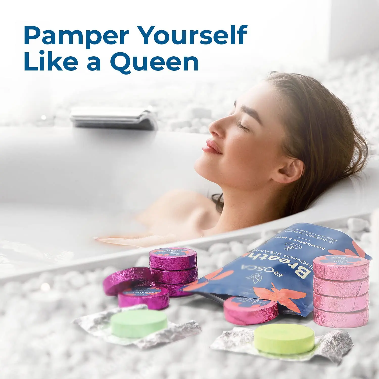 Rosca RO eucalyptus and mint shower steamers release aromatherapy fragrances, providing stress relief and relaxation in your shower.