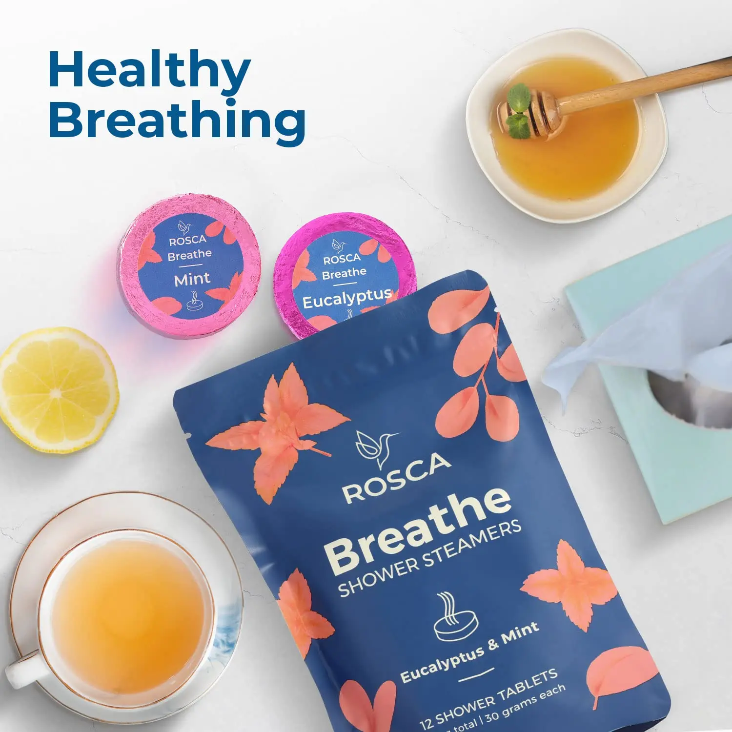 Rosca RO eucalyptus and mint shower steamers release aromatherapy fragrances, providing stress relief and relaxation in your shower.