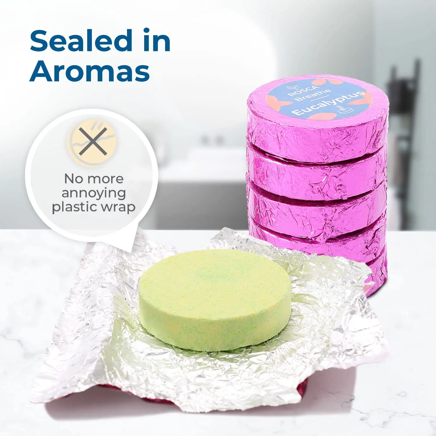 Rosca RO eucalyptus and mint shower steamers release aromatherapy fragrances, providing stress relief and relaxation in your shower.