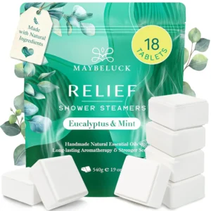 This image shows a pack of 18 eucalyptus mint shower steamers by Maybeluck, designed for aromatherapy and relaxation, alongside an opener for convenient use in creating a home spa experience.