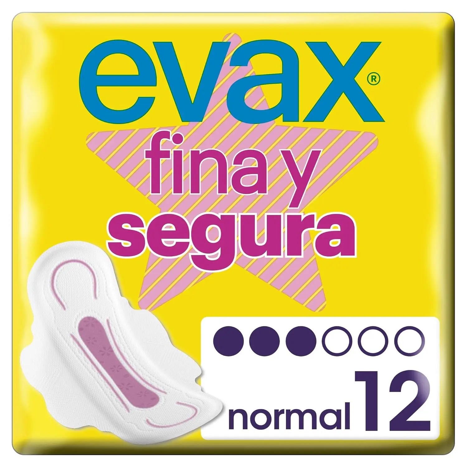 This image shows a 12-count package of unscented EVAX Fine pads with secure normal wings.
