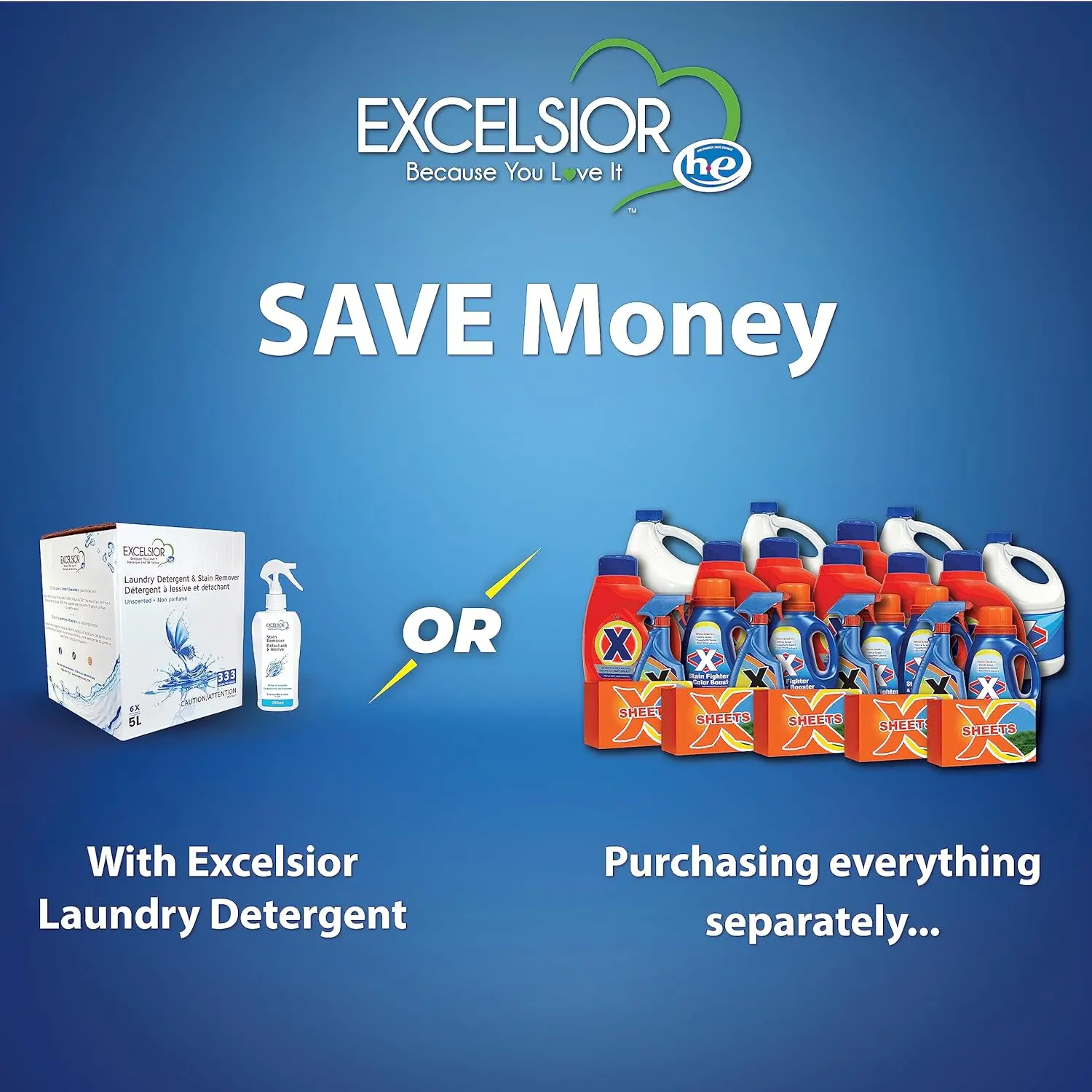 A five-liter bottle of Excelsior HE concentrated liquid laundry detergent effectively removes stains and cleans up to 333 loads of clothes.