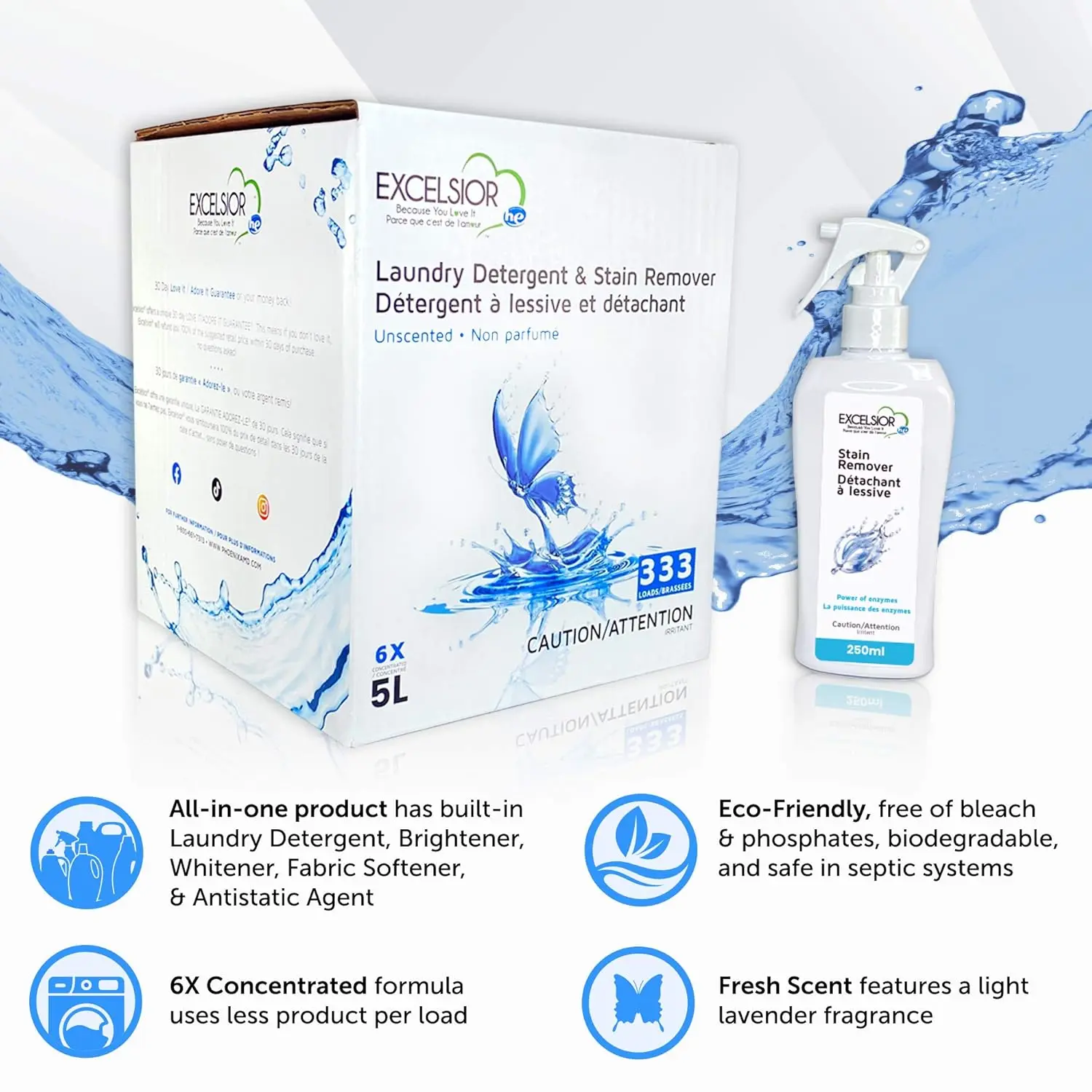 A five-liter bottle of Excelsior HE concentrated liquid laundry detergent effectively removes stains and cleans up to 333 loads of clothes.