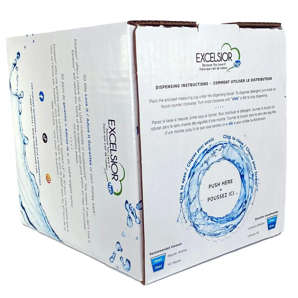 A five-liter bottle of Excelsior HE concentrated liquid laundry detergent effectively removes stains and cleans up to 333 loads of clothes.