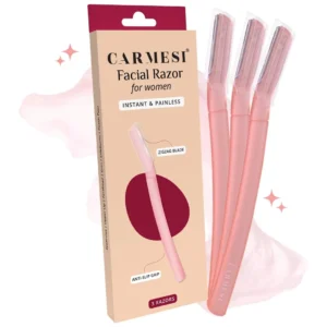 This image shows three reusable Carmesi face razors designed for painless hair removal and dermaplaning on the eyebrows, upper lip, forehead, and face.