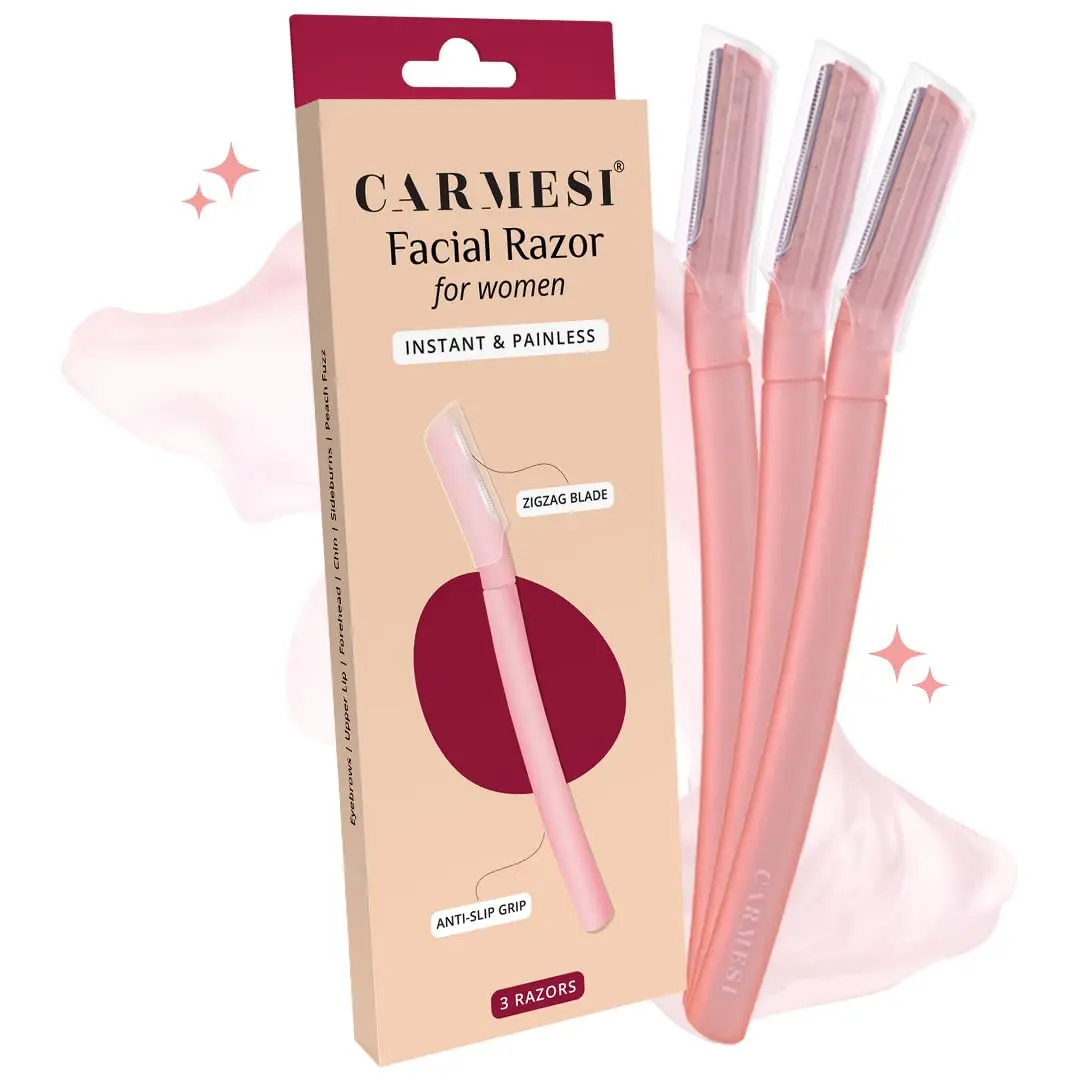 This image shows three reusable Carmesi face razors designed for painless hair removal and dermaplaning on the eyebrows, upper lip, forehead, and face.