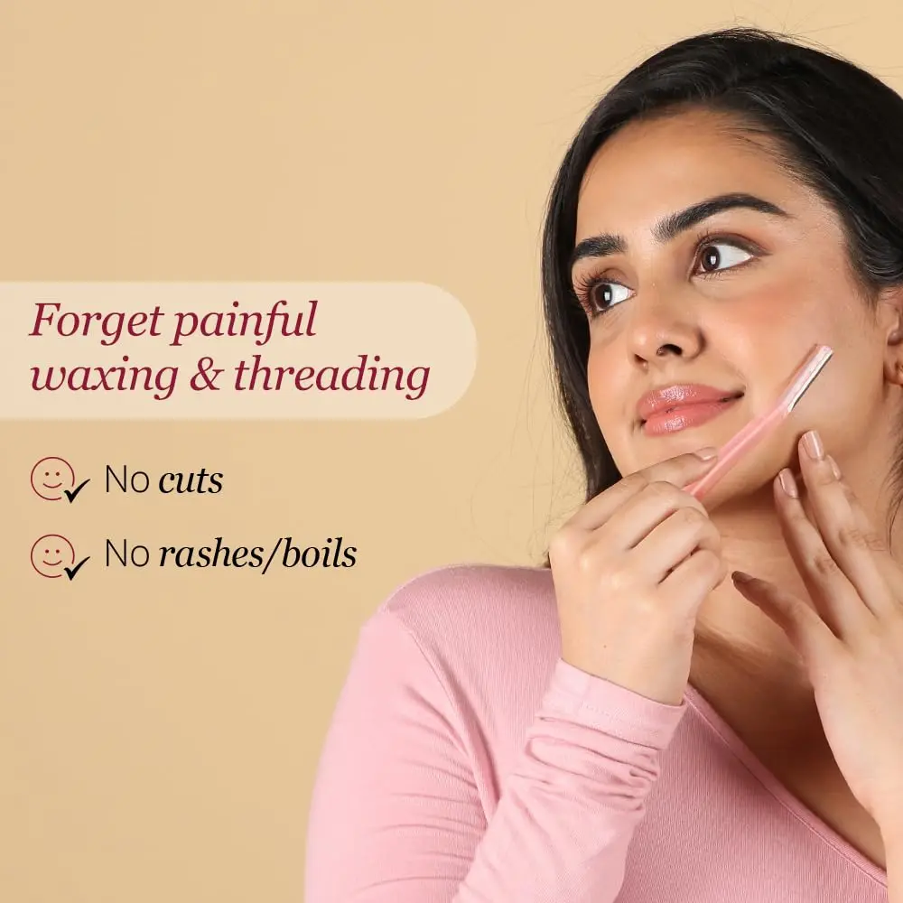 This image shows three reusable Carmesi face razors designed for painless hair removal and dermaplaning on the eyebrows, upper lip, forehead, and face.