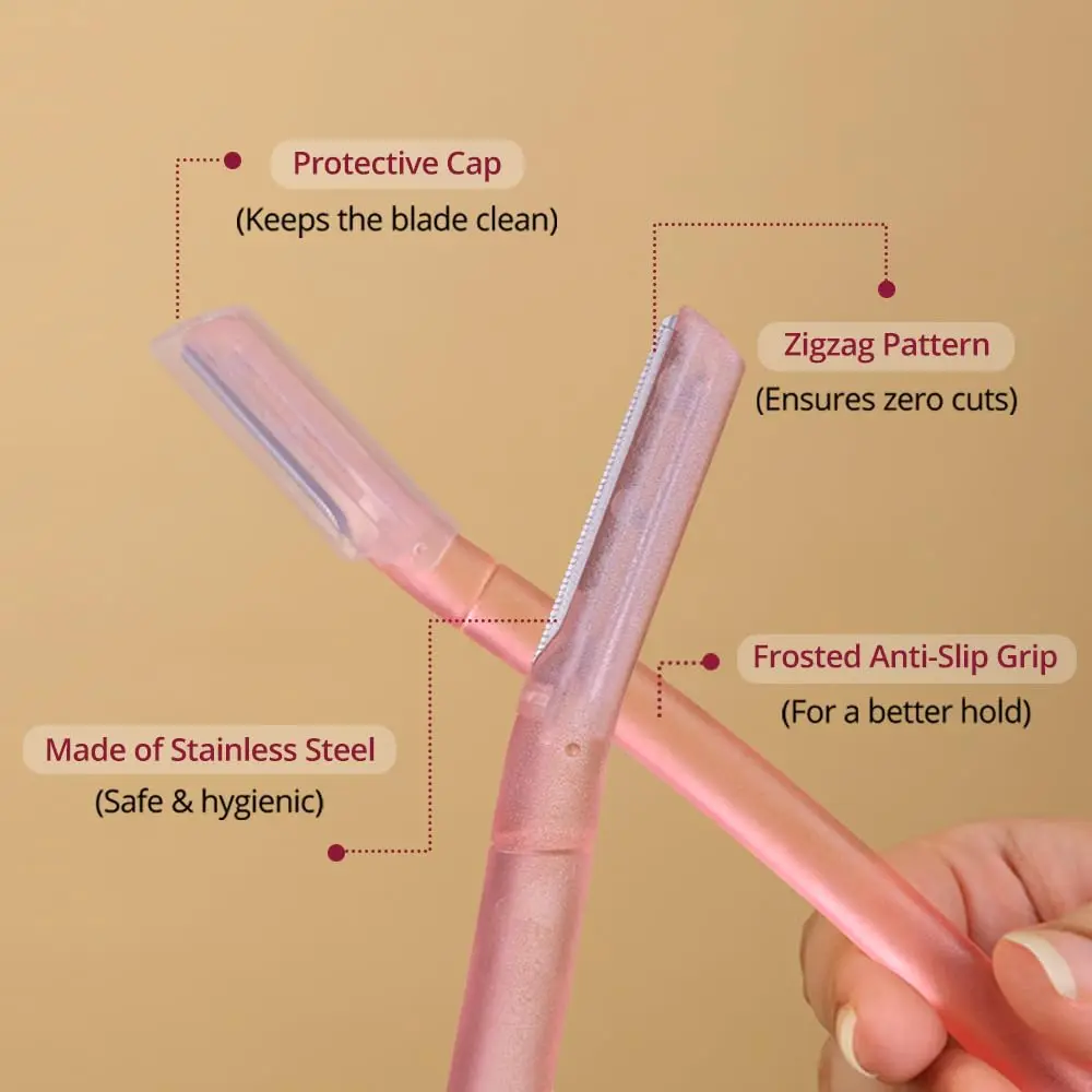 This image shows three reusable Carmesi face razors designed for painless hair removal and dermaplaning on the eyebrows, upper lip, forehead, and face.