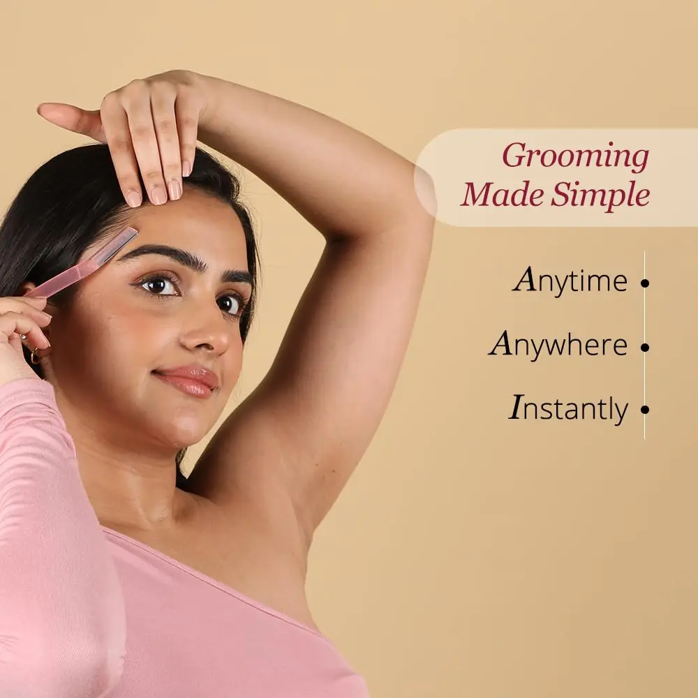 This image shows three reusable Carmesi face razors designed for painless hair removal and dermaplaning on the eyebrows, upper lip, forehead, and face.