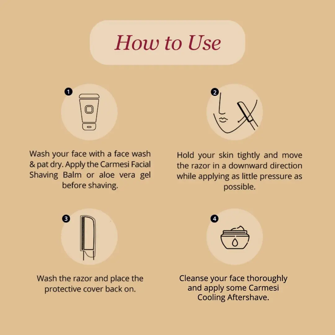 This image shows three reusable Carmesi face razors designed for painless hair removal and dermaplaning on the eyebrows, upper lip, forehead, and face.