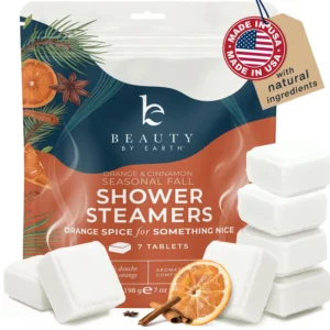 These fall shower steamers release a comforting aromatherapy blend of orange, cinnamon, and fir essential oils for a relaxing home spa experience.