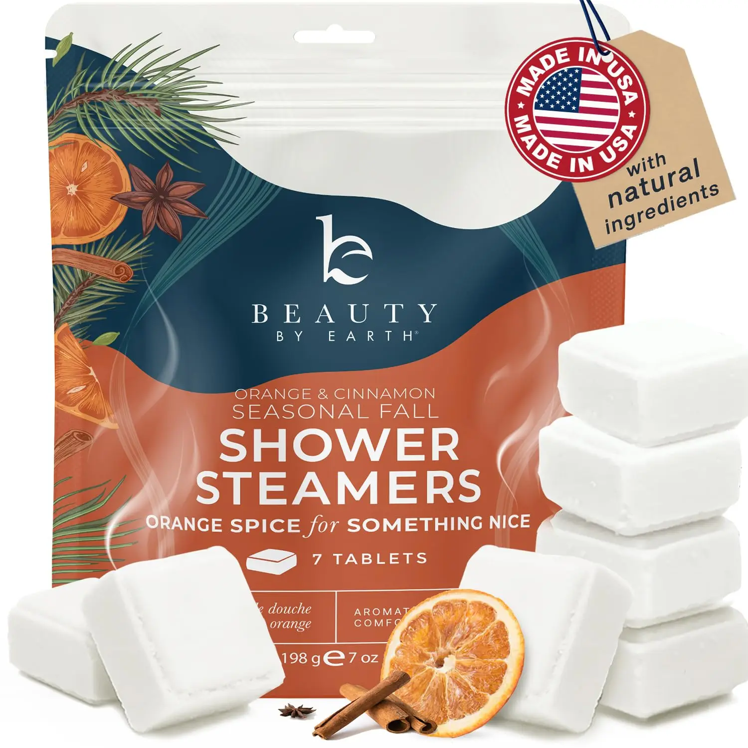 These fall shower steamers release a comforting aromatherapy blend of orange, cinnamon, and fir essential oils for a relaxing home spa experience.