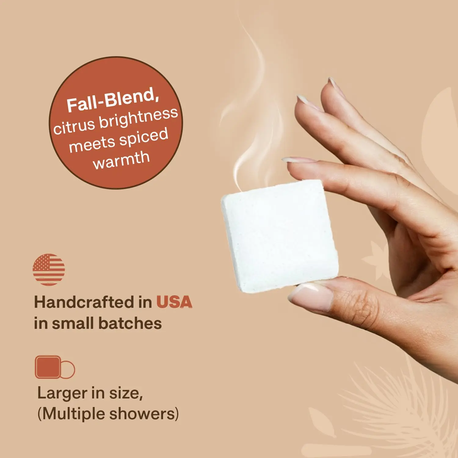 These fall shower steamers release a comforting aromatherapy blend of orange, cinnamon, and fir essential oils for a relaxing home spa experience.