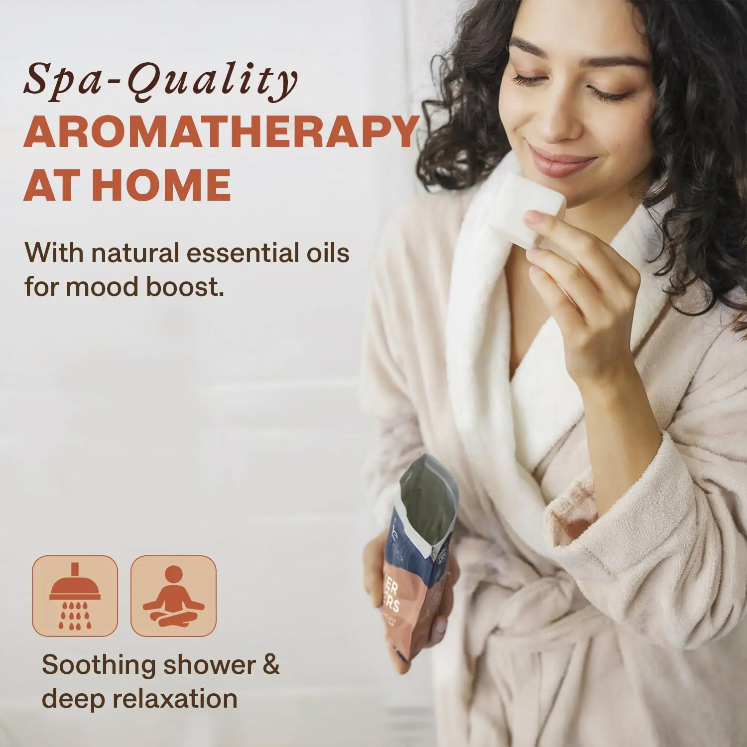 These fall shower steamers release a comforting aromatherapy blend of orange, cinnamon, and fir essential oils for a relaxing home spa experience.