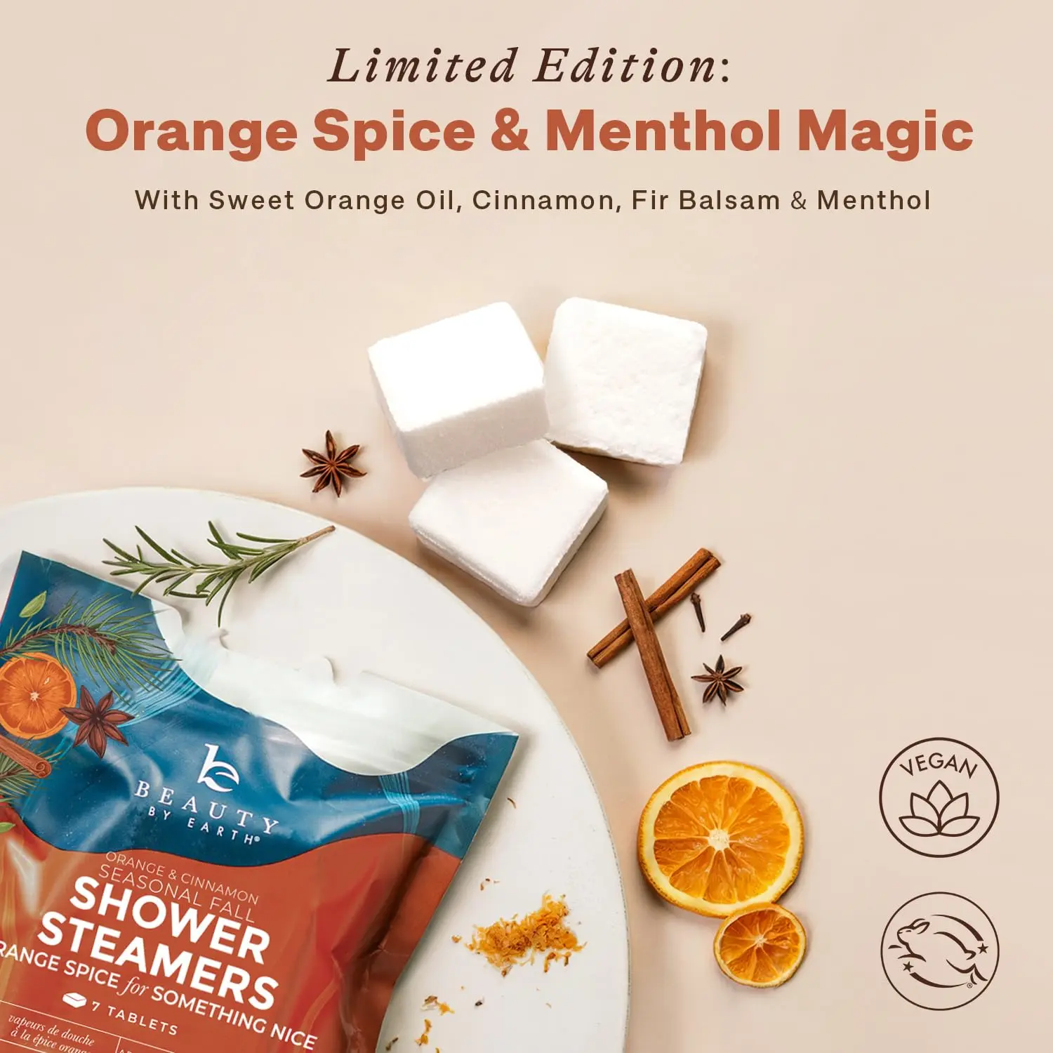 These fall shower steamers release a comforting aromatherapy blend of orange, cinnamon, and fir essential oils for a relaxing home spa experience.