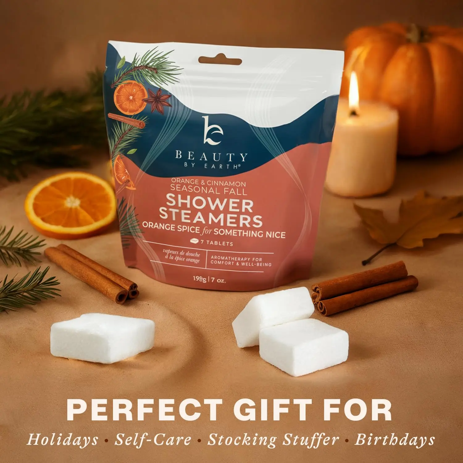 These fall shower steamers release a comforting aromatherapy blend of orange, cinnamon, and fir essential oils for a relaxing home spa experience.