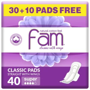 Fam Classic sanitary pads with wings offer a natural cotton feel, high absorbency, and soft, flexible protection against leaks.