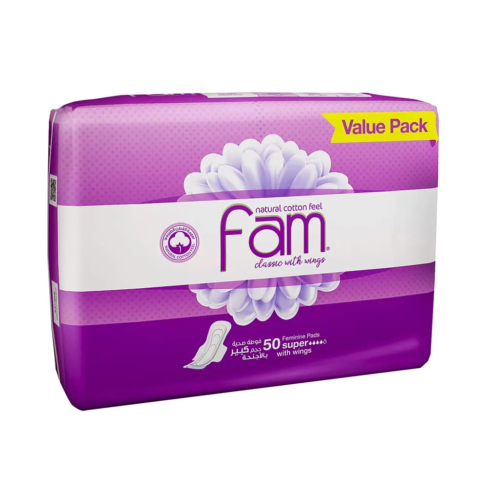 Fam Classic maxi thick sanitary pads with a natural cotton feel and super absorbent core for all-day leak protection and skin comfort.