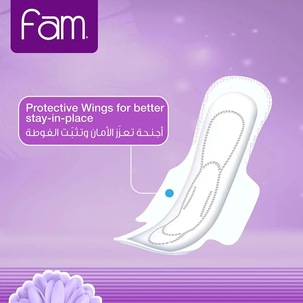 Fam Classic maxi thick sanitary pads with a natural cotton feel and super absorbent core for all-day leak protection and skin comfort.