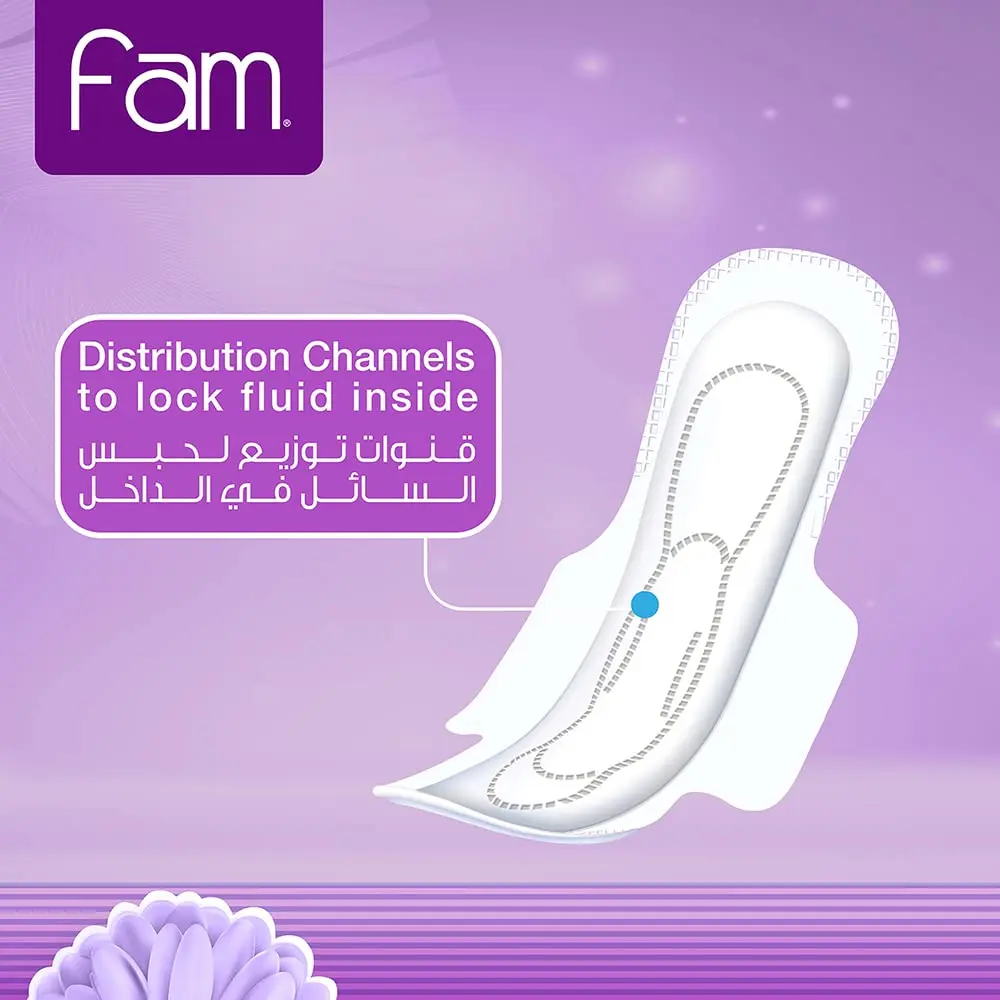 Fam Classic maxi thick sanitary pads with a natural cotton feel and super absorbent core for all-day leak protection and skin comfort.