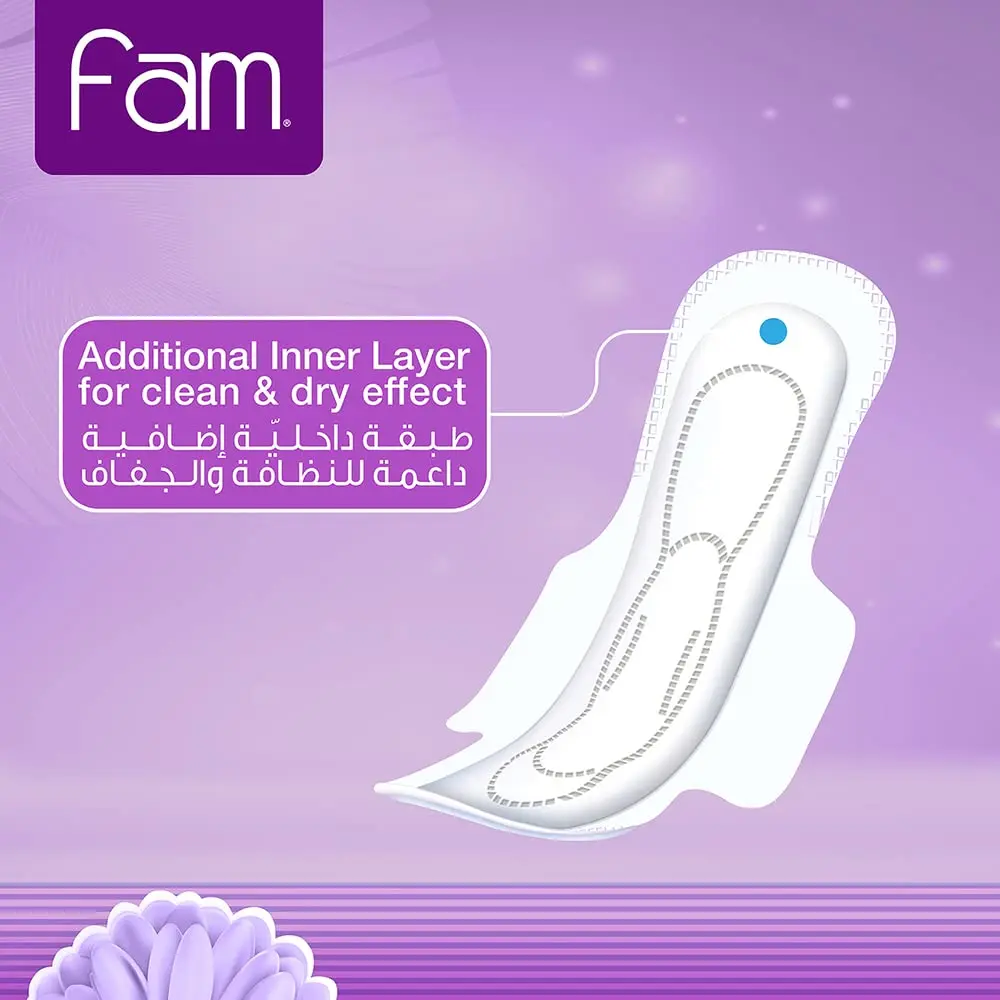 Fam Classic maxi thick sanitary pads with a natural cotton feel and super absorbent core for all-day leak protection and skin comfort.