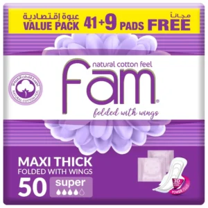 Fam Natural Cotton Feel Maxi Pads with wings, providing high absorbency and all-day leak prevention, made with a soft top sheet to protect sensitive skin from irritation.