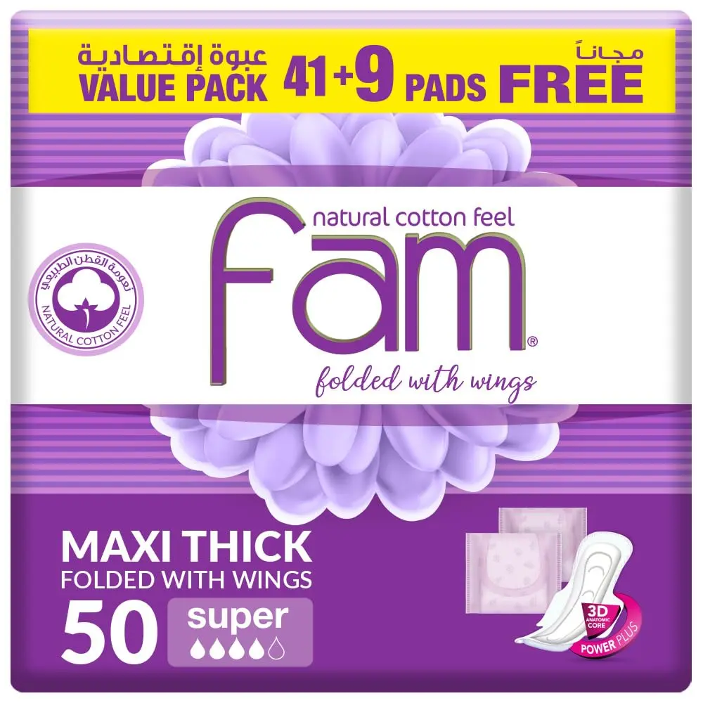 Fam Natural Cotton Feel Maxi Pads with wings, providing high absorbency and all-day leak prevention, made with a soft top sheet to protect sensitive skin from irritation.