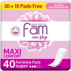 Fam One Step maxi thick super sanitary pads with a natural cotton feel, high absorbency, and a soft top sheet to protect against irritation, offering soft, flexible, and leak-proof all-day protection.